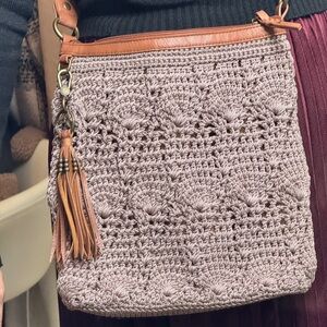 The Sak Crochet Crossbody Bag – Dust Pink & Tan Leather Trim: Womens purse